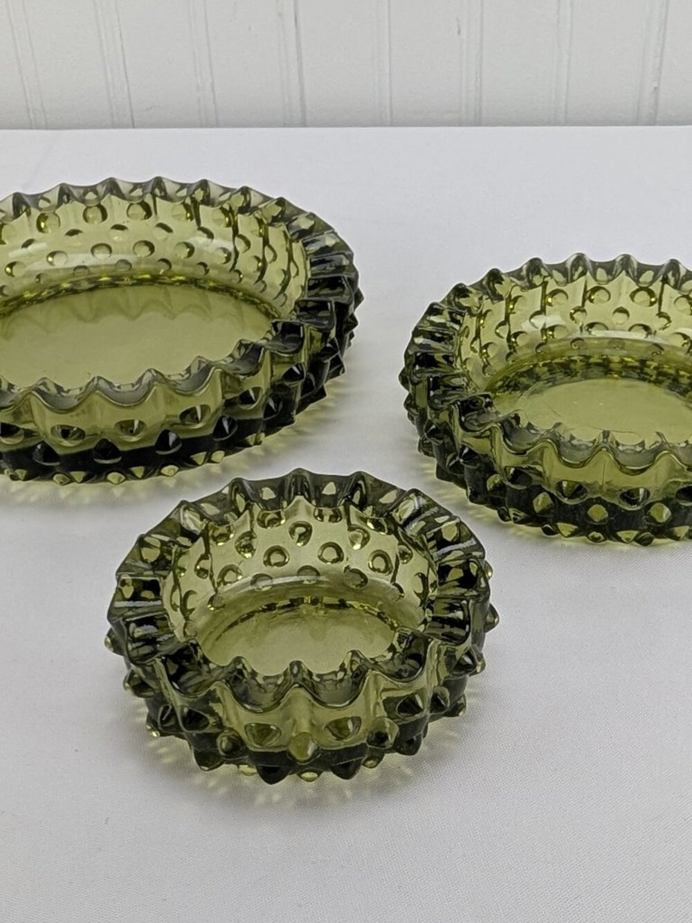 Vintage Green Fenton Glass Nesting Ashtrays Set of 3 Hobnail Colonial MCM Home